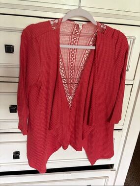 Maurices Coral Open-Front Knit Cardigan with Lace Trim